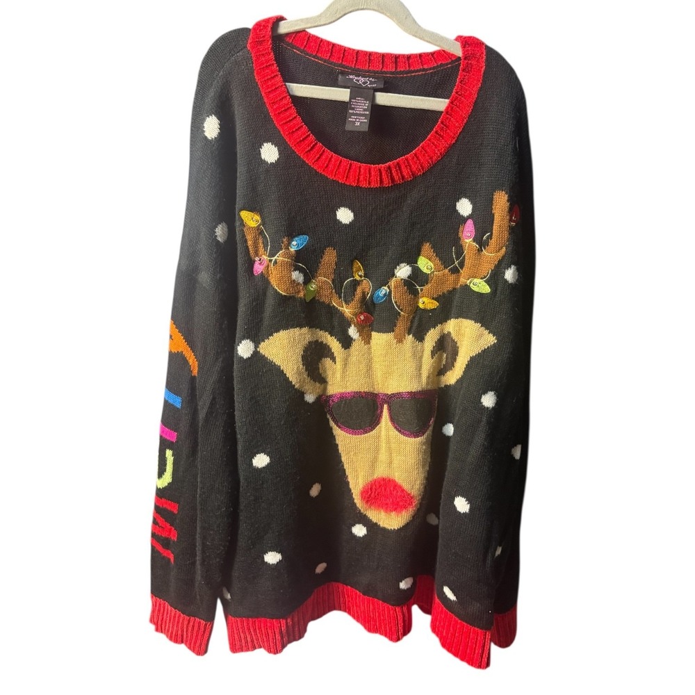 Hooked Up Reindeer Ugly Sweater Christmas‎ Lights Pullover Black Red Size 3X